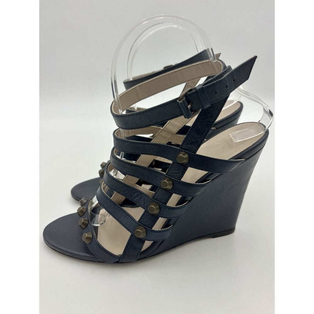 Balenciaga Wedge Sandals Navy Blue Leather Studded Size 39 / 9 Ankle Strap - Picture 6 of 15